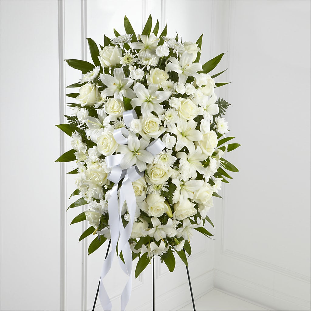 Exquisite Tribute Standing Spray-White Ribbon – FRY'S, Tolleson AZ
