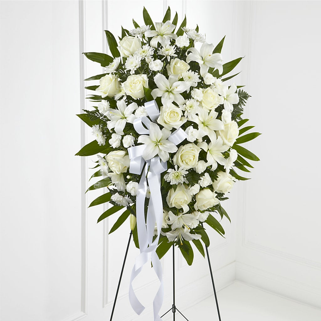 Exquisite Tribute Standing Spray-White Ribbon – FRY'S, Tolleson AZ