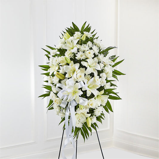 Exquisite Tribute Standing Spray-White Ribbon – FRY'S, Tolleson AZ
